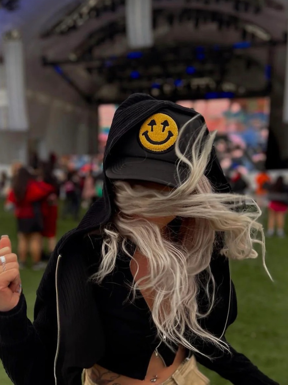 Happy Caps Double Blind Black Trucker Hat Yellow Black Smiley Mushroom Patch - Picture 7 of 9